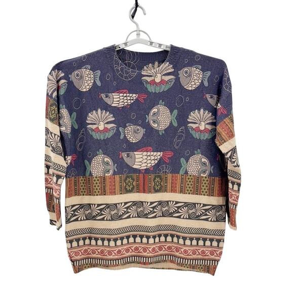 YESNO Fish Pearl Shell  Graphic Printed Oversized Pullover Sweater cashmere - Picture 1 of 6